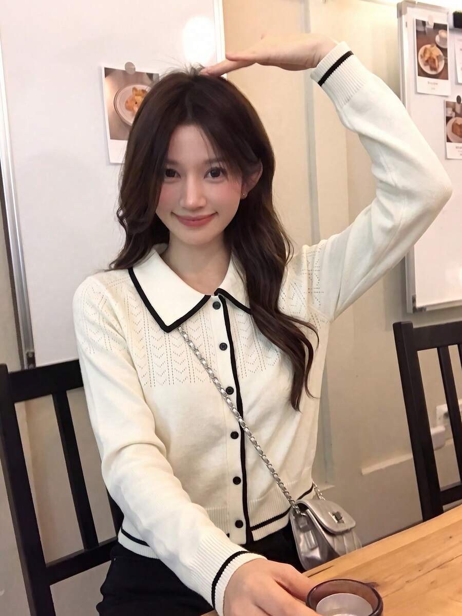 Women's Autumn/Winter Korean Style Hollow-Out Contrast Color Ribbed Knit Cardigan With Turn-Down Collar And Single-Breasted Buttons, Slim Fit Top, Suitable For Casual Outings, Halloween Events And Shopping - Apricot - View 1