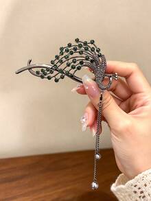 1pc Sparkling Rhinestone Hollow Peacock Tassel Twist Hair Clip, Women's Back Head Updo Hair Accessory For Wedding, Banquet, Luxury - Multicolor - View 5