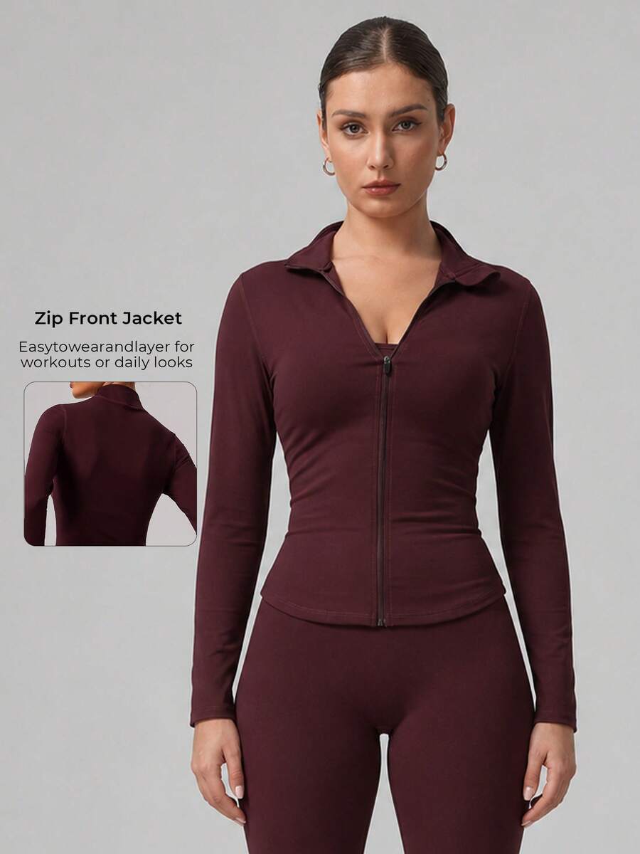 Women's Burgundy Full Zip Stand Collar Slim Fit Curved Hem Long Sleeve Elastic Fitness Yoga Training Casual Sports Jacket - Red - View 1