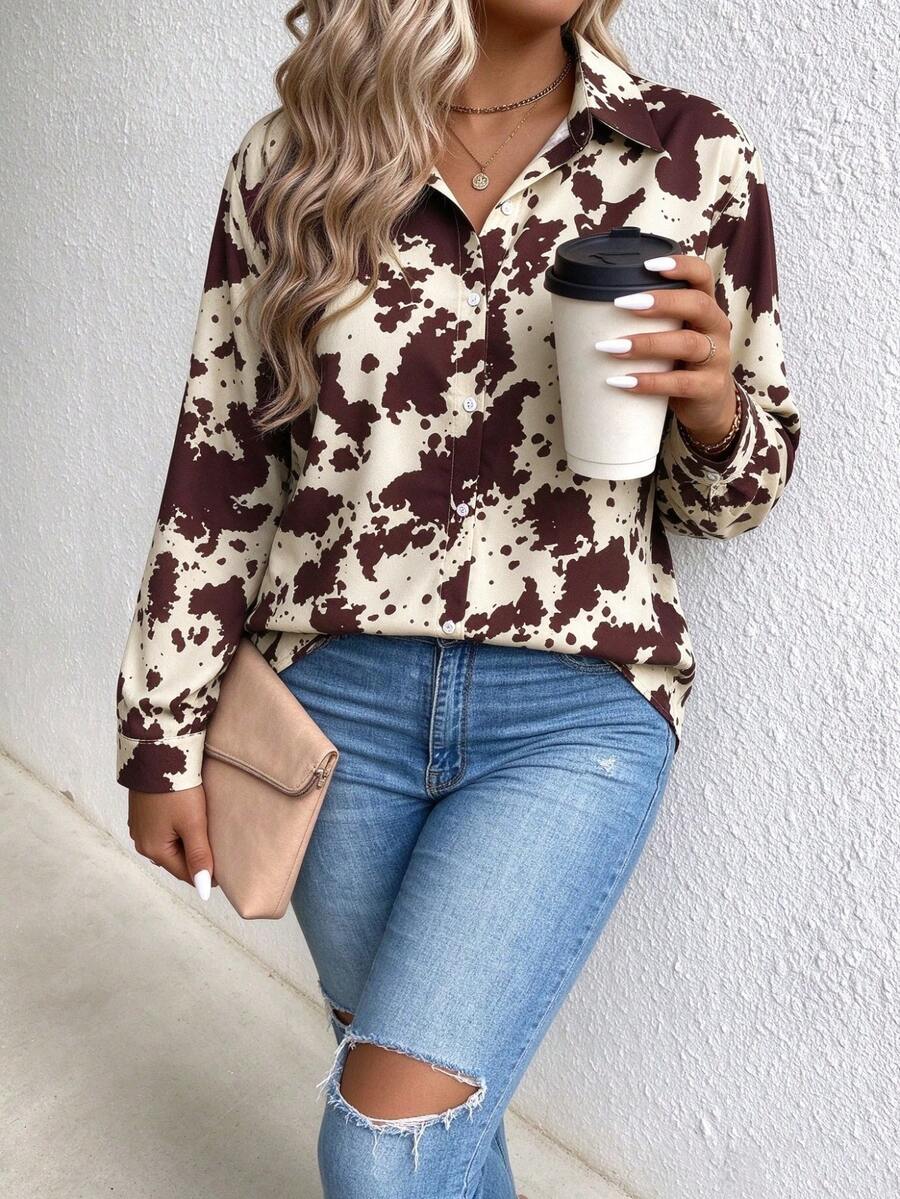 Women's Plus Size Printed Lapel Long Sleeve Button-Up Shirt, Autumn Fashion Top - Burgundy - View 1