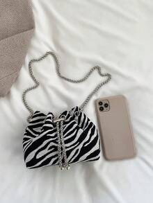 2026 New Zebra Print Drawstring Bucket Bag, Women's Fashion Chain Crossbody Bag With Pearl Decoration, Casual Mini Shoulder Handbag - Black and White - View 5
