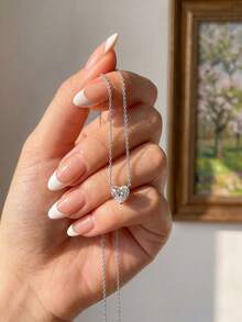1pc Cubic Zirconia White Heart Pendant Necklace, Elegant Women's Jewelry Gift - Silver - View 5