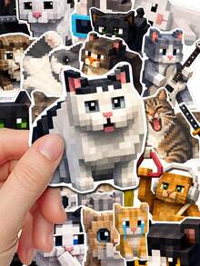 Pixel Cat Meme Scrapbook Stickers 50Pcs, Cute Expression Block Kitten Waterproof Decor Sticker - Multicolor - View 4