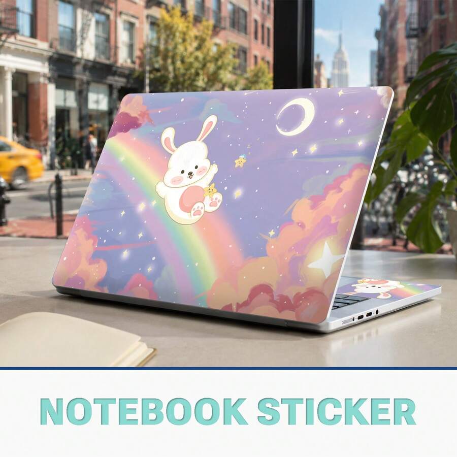 Cute Dreamy Galaxy Rabbit Vinyl Laptop Stickers 3pcs Set, Light Purple Starry Sky Rainbow Cloud Moon Pattern, Includes Laptop Back Cover And 2 Palm Rest Stickers, Fits Most Laptops 15.5 Inch And Below, Waterproof Scratch-Resistant Removable No Residue - View 1
