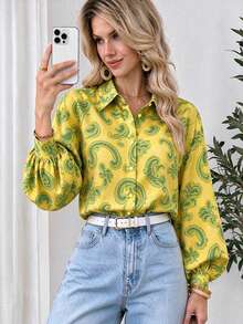 SuofeiMan Women's Green Paisley Print Long Sleeve Shirt, Autumn Woven Collared Top - Yellow - View 1