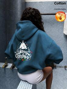 Autumn Winter Women's Fleece Hoodie With Christmas Tree And Merry Christmas Print Y2K - Cow Blue - View 10