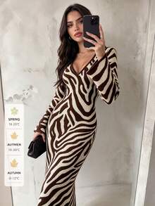 SUNSTORY Women's Autumn/Winter Fashionable V-Neck Zebra Print Knit Sweater Dress, Suitable For Commuting, Street Style, Dating, Evening Party, New Year's Eve - Multicolor - View 5