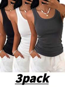3pcs/Set Summer Women's Ribbed Fashion Tank Tops, Casual Versatile: Suitable For Work, Party, Fitness, Multi-Occasion Wear - Multicolor - View 1