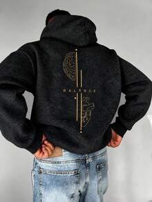 Men's Loose Drop Shoulder Distressed Washed Hoodie Sweatshirt, Autumn/Winter Brain & Heart Line Print Vintage Kangaroo Pocket Pullover - Black - View 9