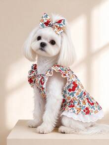 1pc Dog & Cat Mesh Wedding Dress With Bow, Cute Fashionable Elegant Charming Creative Personalized Design Printed Pet Dress - Multicolor - View 5