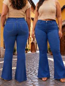 Fashion Plus Size Flare Leg Jeans, High Stretch Slim Fit, Long Length Original Color Wash, Modern Y2K Style - Blue - View 5
