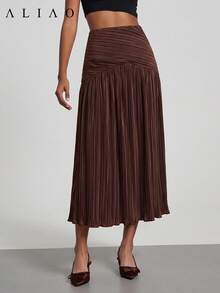 ALIAO Autumn/Winter Elegant Textured Pleated Women's Mid-Length A-Line Skirt, Versatile For Daily Wear, Parties, Vacations, Vintage Dating, Nightclub Style - Coffee Brown - View 2