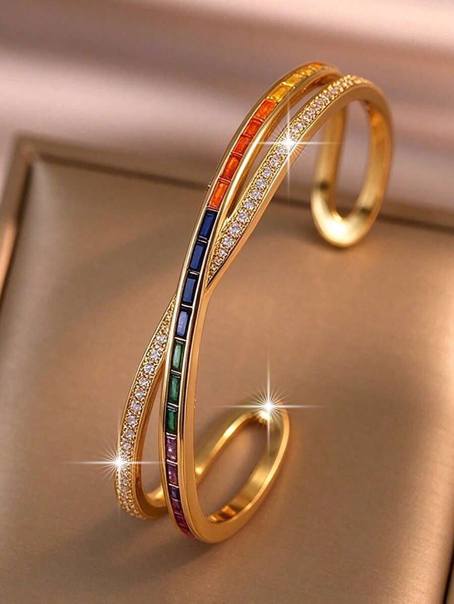 1pc Luxury X-Shape Colorful Cubic Zirconia Bangles Fashion Hollow Out Openable Bracelet For Women Daily Decoration Halloween Party Copper Jewelry Gift - Yellow Gold - View 1