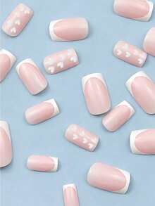 24pcs Short Square Press-On Nails, White Heart Pattern With White French Manicure Design, Full Coverage, Suitable For Fashionable Women And Girls - Multicolor - View 7