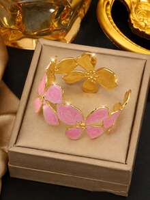 VceTd 1pc Fashionable & Cute Asymmetrical Floral Design Stainless Steel Bracelet For Women, Suitable For Daily Wear, Outings And Vacations - Yellow Gold - View 1