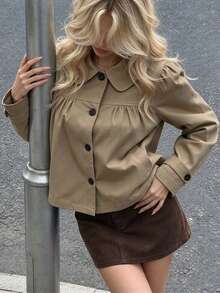 Women Fall Winter Khaki Peter Pan Collar Cropped Jacket Shoulder Ruched Sleeve Ruched Front Single Breasted Casual City Street Daily Office Going Out - Khaki - View 2
