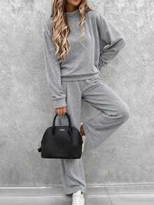 European And American Autumn/Winter Women's Casual Set, Fashionable Minimalist Solid Color Women's Two Pieces Set, Gray Small Stand Collar Top, Loose Straight Leg Pants, Suitable For Daily Commute And Travel - Grey - View 1