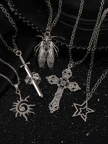 5pcs Y2K Gothic Vintage Metal Distressed Multi-Element Insect Sword Starburst Sunflower Pendant Layered Necklace Set For Men Dark Streetwear Daily Outfit - Silver - View 5