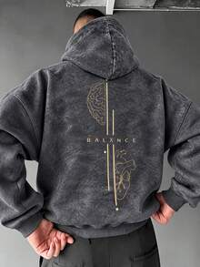 Men's Loose Drop Shoulder Distressed Washed Hoodie Sweatshirt, Autumn/Winter Brain & Heart Line Print Vintage Kangaroo Pocket Pullover - Dark Grey - View 2