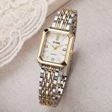 1pc Teens Gold Rectangle Watch, Rhinestone Inlaid Dial Stainless Steel Bracelet Wristwatch, Minimalist Elegant Watch Daily Office Jewelry Gift - Multicolor - View 3