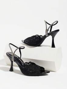 Women's Pointed Toe Lace Embroidered Wavy Scalloped Mesh Breathable High Heel Sandals, Open Toe Rhinestone Ankle Strap Buckle Black Elegant Sexy Party High Heels, Suitable For Matching - Black - View 6