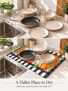 1pc Black & White Plaid Pumpkin Pattern Diatomaceous Earth Absorbent Drying Mat, Kitchen Countertop Draining Pad, Coffee Machine Mat, Bowl & Plate Drying Mat, Dining Table Breakfast Mat, Non-Slip Heat-Resistant Easy To Clean Hidden Water Stains, Suitable For Kitchen, Dining Table, Coffee Shop, Bar, Home Decor, Holiday Gift - Multicolor - View 9