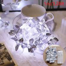 1pc 1~5M Christmas Silver Foliage Vine String Lights, AA Battery‑Operated Cool White LED Leaf Garland Lights, Multi‑Size Flexible Decorative Lights, Xmas Tree Table Window Indoor Holiday Party Home Decor Lights - Silver Leaves - View 13