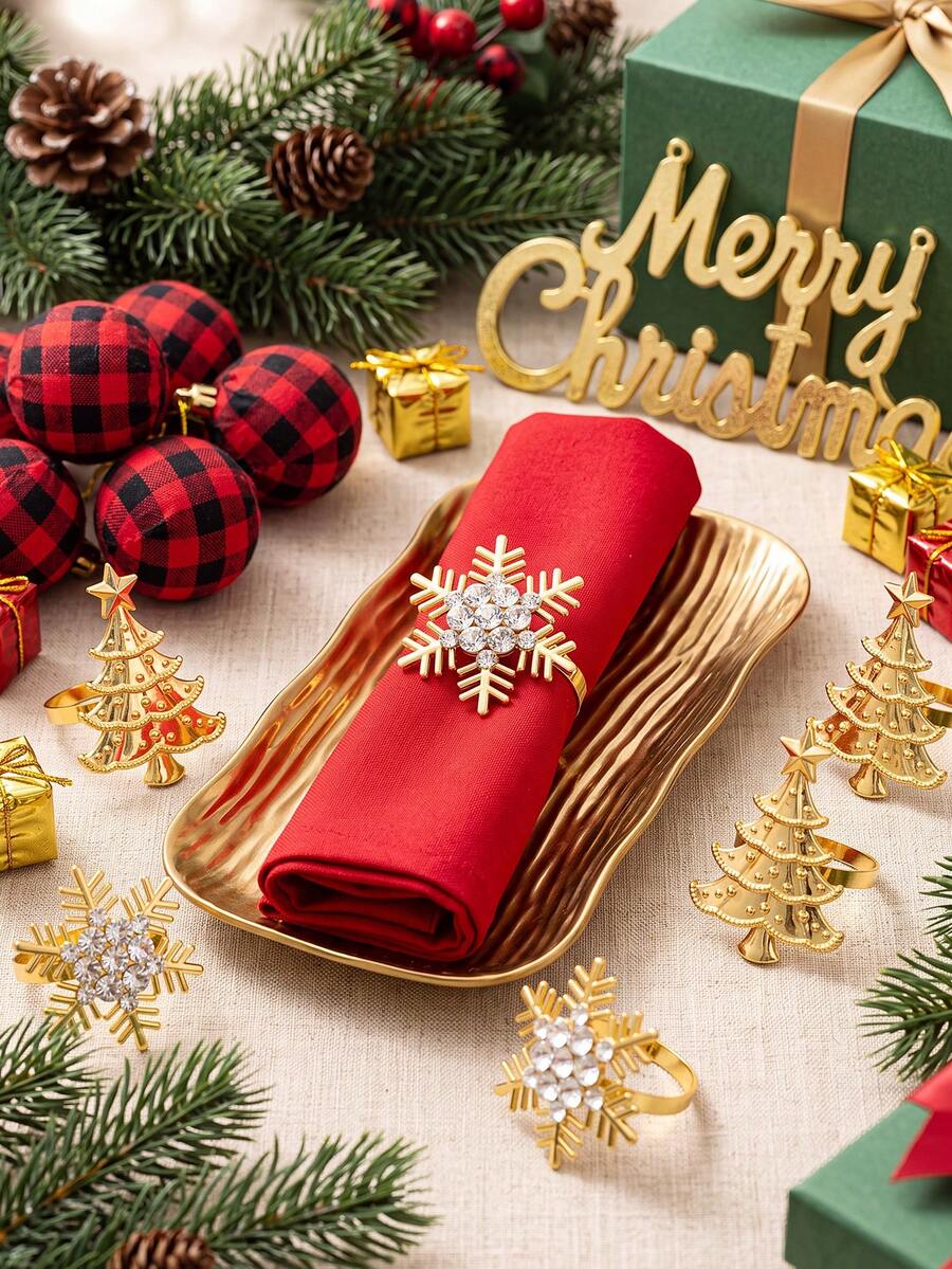 8pcs/Set Christmas Red Cloth Napkins And Christmas Snowflake Christmas Tree Napkin Rings, Suitable For Christmas, Parties, Weddings, Dining Table Decorations - Multicolor - View 1