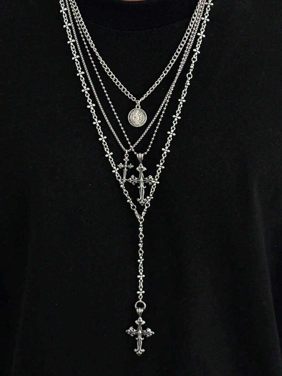 4pcs Gothic Punk Cross Pendant Necklace, Long Metal Chain Necklace Set, Can Be Worn Separately Or Layered, Men's Unique Charm Jewelry, Holiday Gift - Antique Silver - View 1