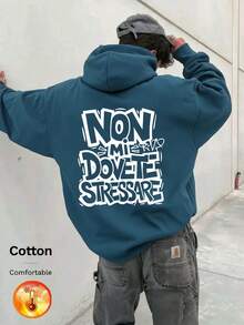 Men's Fleece Hoodie With Large Back Print Letter NON MI DOVETE STRESSARE Y2K, Autumn/Winter - Cow Blue - View 1