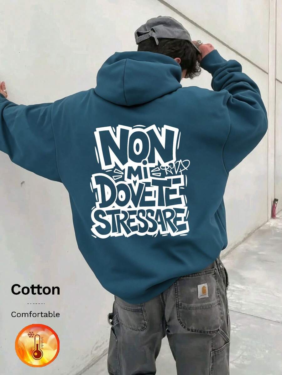 Men's Fleece Hoodie With Large Back Print Letter NON MI DOVETE STRESSARE Y2K, Autumn/Winter - Cow Blue - View 1