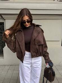2026 New Autumn/Winter Vintage Faux Suede Short Loose Jacket, Long Sleeve Lapel Casual Everyday Outerwear - Coffee Brown - View 11