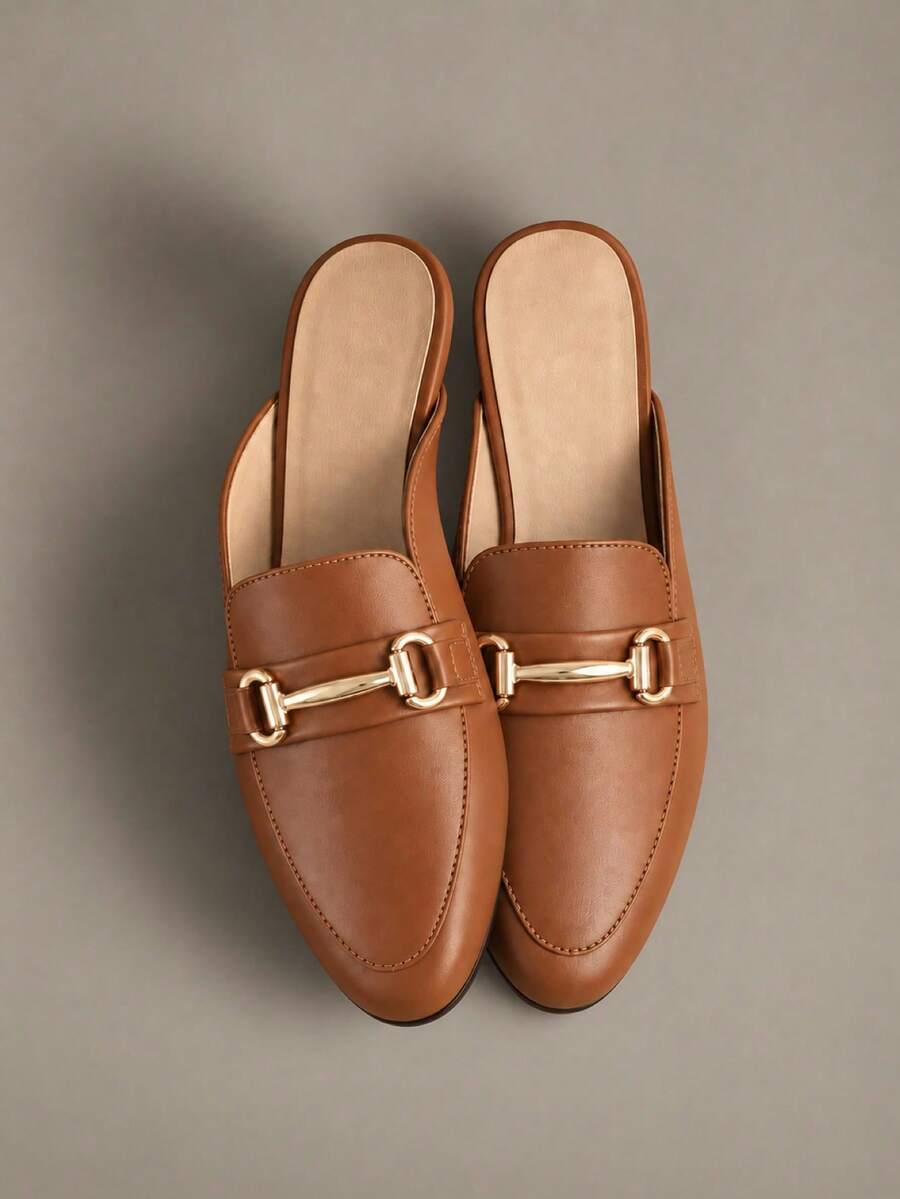 Écloséra 2025 Autumn Metal Decor Flat Mules, Brown Elegant Solid Color Metallic Kitten Heel Mules - Brown - View 1