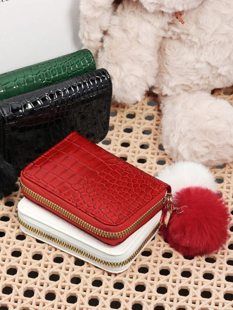 Fashionable Women's Animal Pattern Short Zipper Wallet, Adorned With A Delicate Pom-Pom, Suitable For Commuting And Shopping