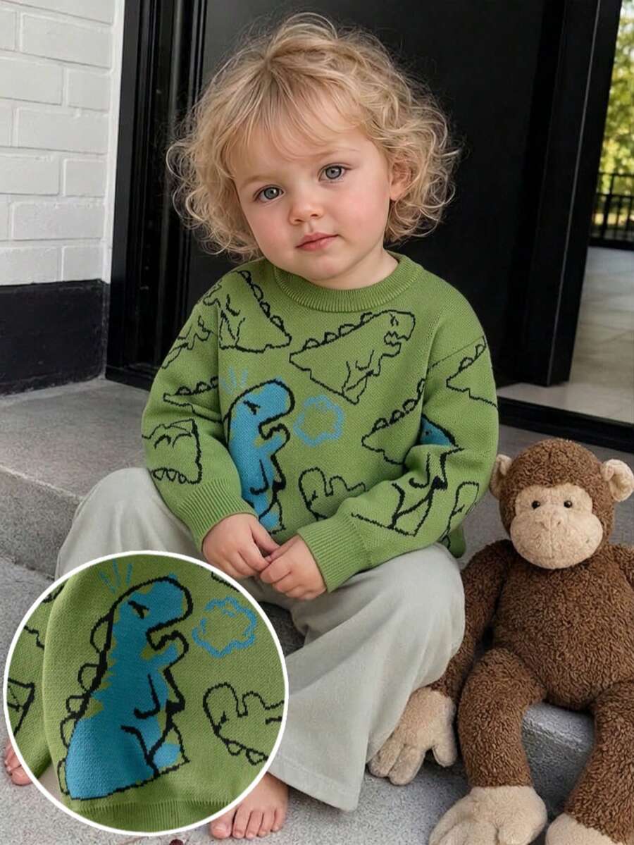 Boys Toddler Cute Dinosaur Knit Pullover Sweater, Suitable For Daily Wear, Vacation, Spring, Autumn, Winter - Green - View 1