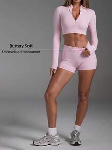 Women's Casual Sport Zip Legging 2 Pieces Set,Long Sleeve Skinny Solid Color Stand Neck Cropped Jacket,Ruched Waist Basic Biker Shorts,For Fall,Daily - Pink - View 7