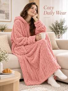 Women's Hooded Long Plush Robe, Cable Knit Texture Comfortable ...