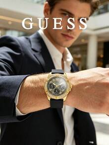 Guess Men's Rhinestone Ring Watch, Dark Dial With Warm Tone Finish, Rubber Strap, Three-Dial Analog Quartz Wristwatch, Anniversary Gift For Husband, Bold Style - one-size - View 5