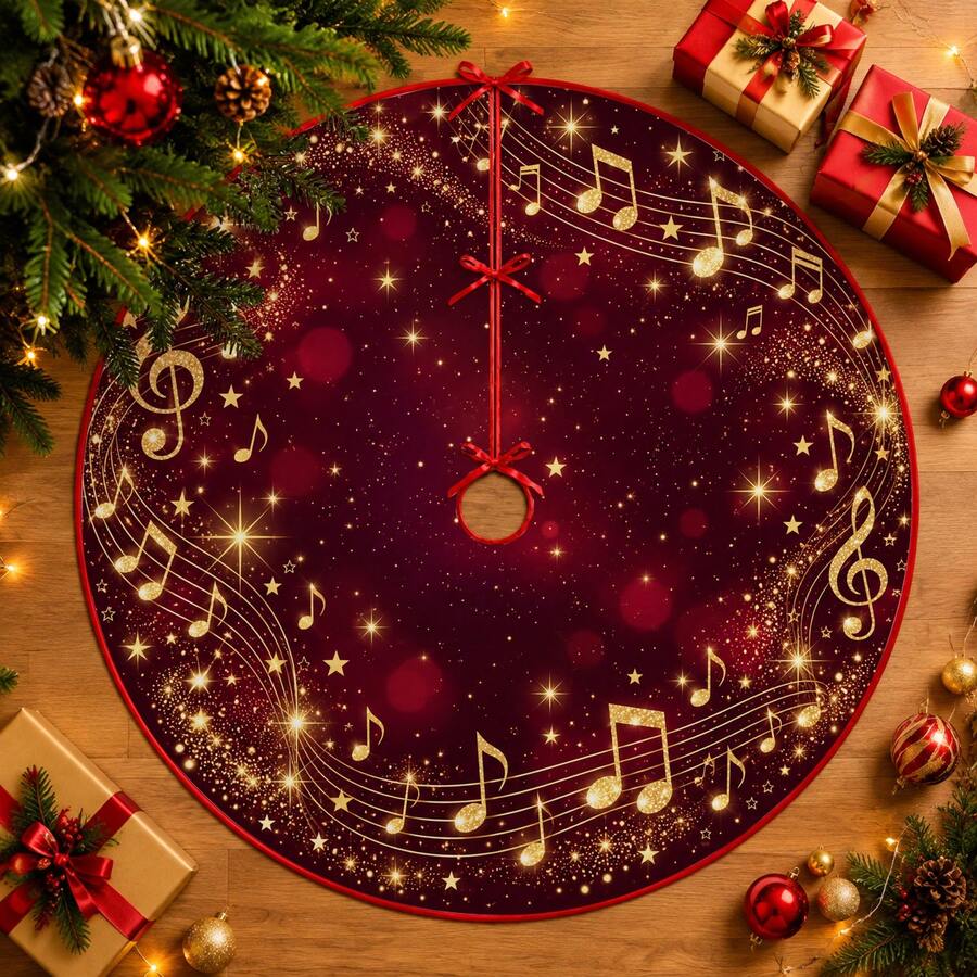 1pc Burgundy Starry Gold Music Symbol Pattern Christmas Tree Skirt, Elegant Holiday Decor, 5 Sizes, Unisex Holiday Gift, Suitable For Home And Party Christmas Home Decoration - Burgundy Starry Sky Gold Musical Note - View 1