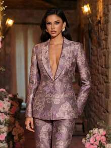 Setelan Blazer Lengan Panjang dan Celana Panjang Wanita Bermotif Kasual, 2 Potong, Bahan Tidak Melar - Mauve Purple - View 3