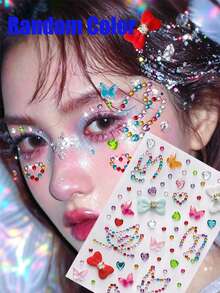 2pcs Rainbow Glitter Rhinestone Stickers, Heart & Butterfly Shaped Self-Adhesive Rhinestone Decals, Suitable For Makeup And Clothing, Multi-Color Diamond Face Decoration, Perfect For Festivals, Parties And Events - Multicolor - View 3