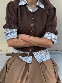 Fall/Winter Brown Short Sleeve Cardigan, Elegant Vintage Fashion Single-Breasted Knit Top - Brown - View 2