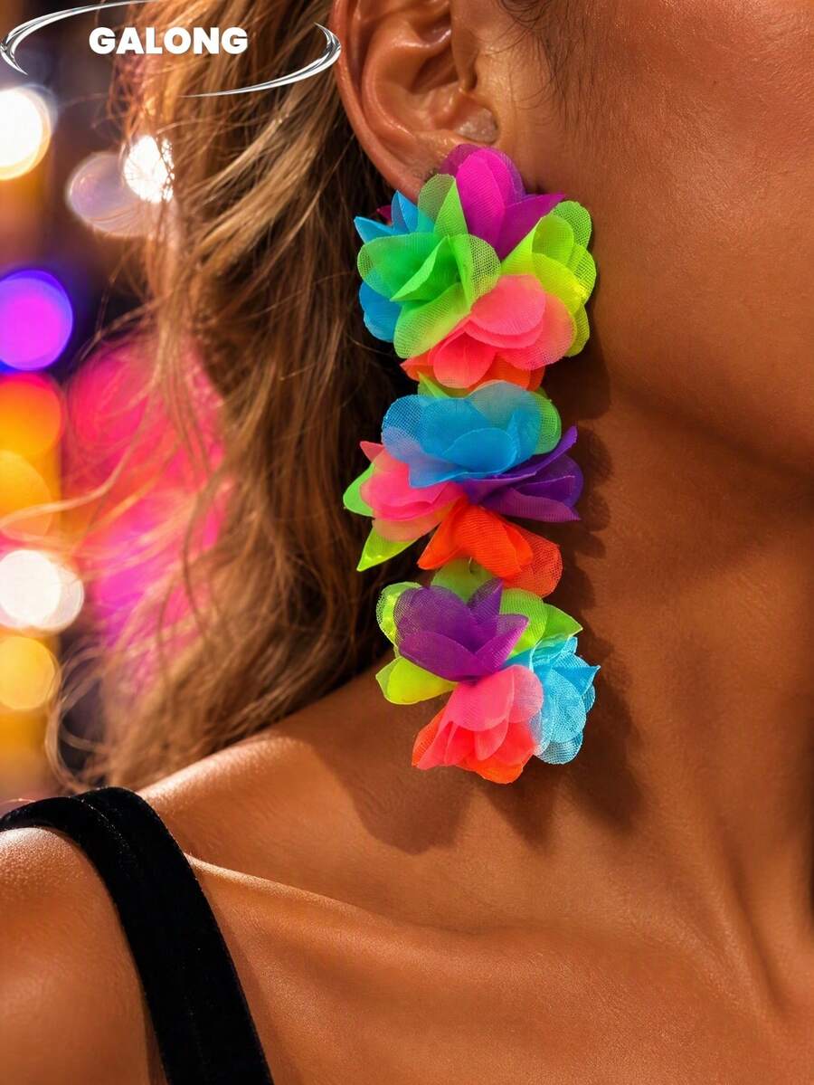 Bohemian Orange Mesh Flower Long Earrings, Lightweight Chiffon Eardrops, Floral Jewelry Accessories