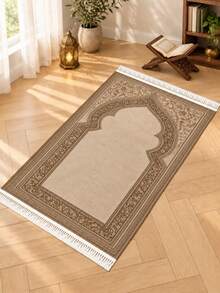 1pc Brown Flannel Muslim Prayer Mat, Thickened Sponge Soft Material, Facing Mecca Prayer Carpet, Ramadan Home Decor Floor Mat, Classic Embossed Design - Brown - View 2