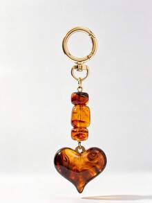 Vintage Style Heart-Shaped Keychain With Amber And Tortoiseshell Patterns;Bag Charm Featuring Mayan Inspired Leopard Print And Brown Bead Accents Christmas Gift - Multicolor - View 10