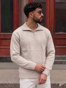 Lookun Men's Loose Straight Fit Mock Neck Knit Sweater, Casual Commute Daily Wear, Autumn/Winter - Apricot - View 3