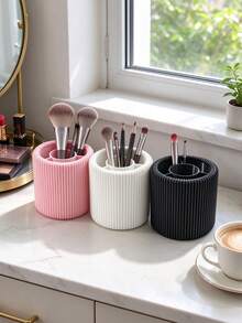 3D Printed Vertical Striped Divided Makeup Brush Holder, 3D Round Decorative Ornament, Multiple Colors Available, Large Capacity Vanity Storage Bucket, Can Hold Eyebrow Pencils And Makeup Brushes, High-Value Desktop Beauty Storage Decor - Multicolor - View 9