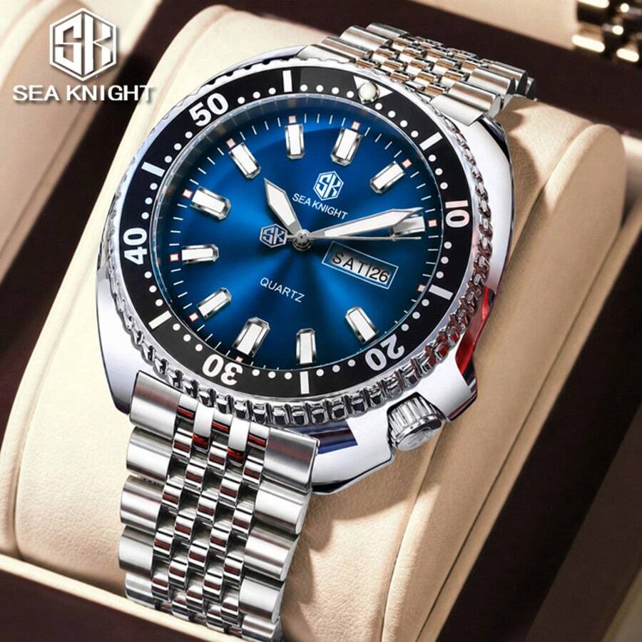 SEA KNIGHT Men's Luxury Business Quartz Watch, New Rotating Bezel, Luminous, Date & Day Display, Waterproof, Men's Watch Gift