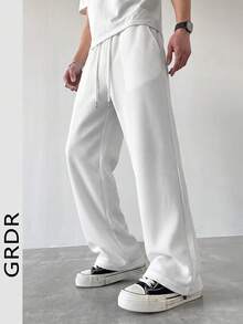 GRDR Solid Color Waffle Knit Straight Leg Sweatpants For Men, Drawstring Loose Textured Casual Long Pants - White - View 1
