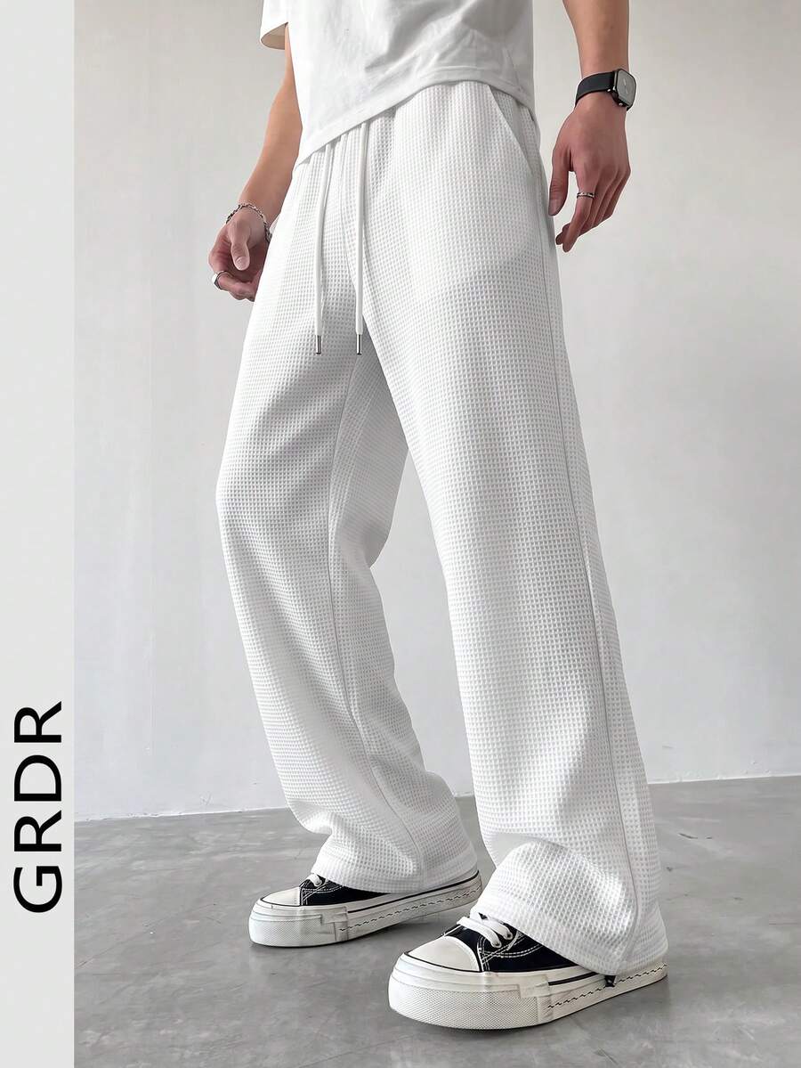 GRDR Solid Color Waffle Knit Straight Leg Sweatpants For Men, Drawstring Loose Textured Casual Long Pants - White - View 1